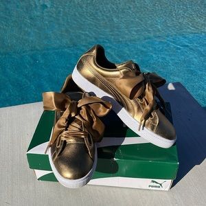 Puma Gold and White Athletic Shoes with Metallic Finish